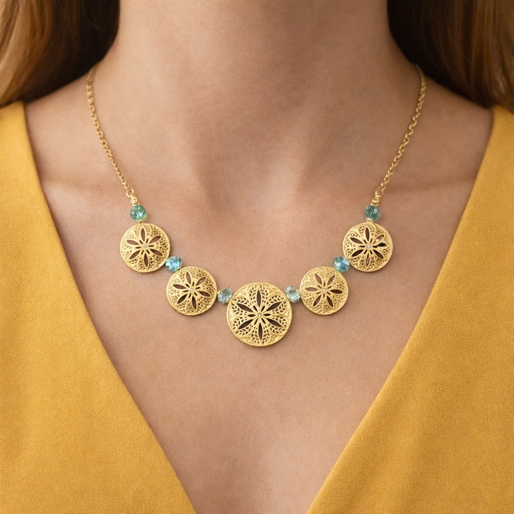 Gold Tone Floral Filigree Disc Necklace Blue Crystal Statement Bib Necklace
